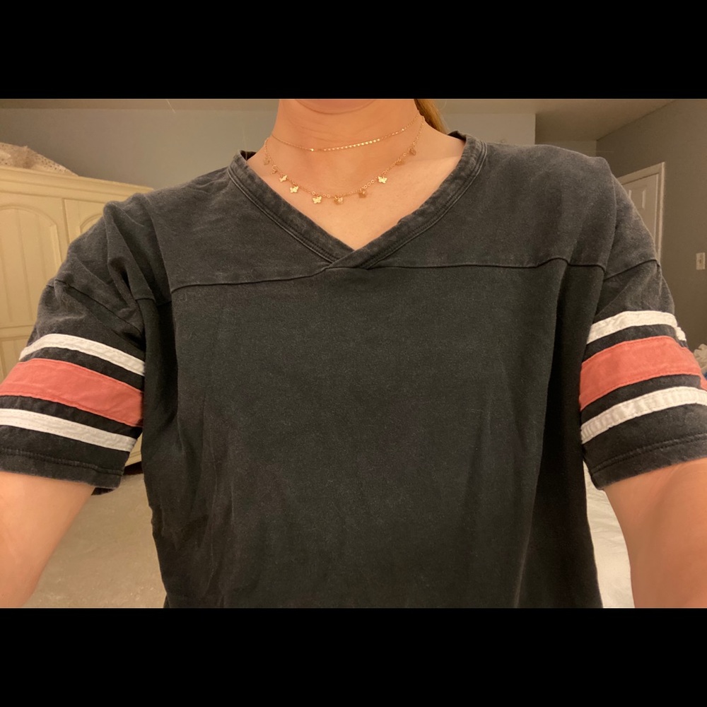 Grey vintage top with pink and white stripes